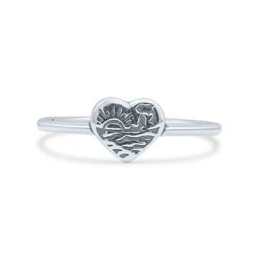 Dainty Small Heart Shape With Beach Ocean Wave Dolphin Engraved Scenery Trendy Oxidized Band Thumb Ring